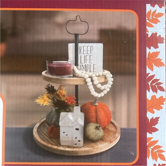 BNIB- Beautiful Decorative Two Tier Wooden Tray w/ Metal Pumpkin Top Handle - Picture 3 of 6